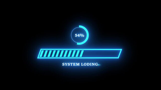 Neon blue digital loading bar progress indicator with circular percentage counter and glowing system loading text overlay on a deep black background, for high-tech software, interface ui