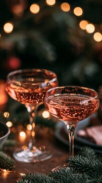 Festive coupe glasses with sparkling rose wine on a holiday table with lights and evergreen branches Generative AI