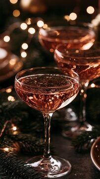 Stylish coupe glasses with sparkling rose wine on a holiday table with evergreen branches and warm lights Generative AI