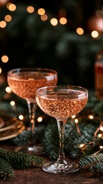 Stylish coupe glasses with sparkling rose wine on a festive holiday table with evergreen branches and Christmas lights Generative AI