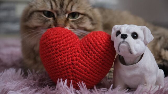 Cute fluffy cat relaxing on the bed with crochet red heart and meme dog toy.  Funny frolic pets. Humor. Valentines Day, Birthday themes