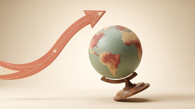 Globe on Wooden Stand with Sweeping Upward Growth Arrow