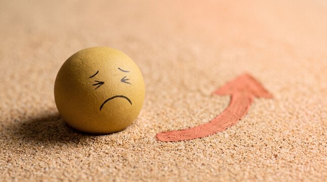 Worried clay sphere beside a red arrow on sandy surface
