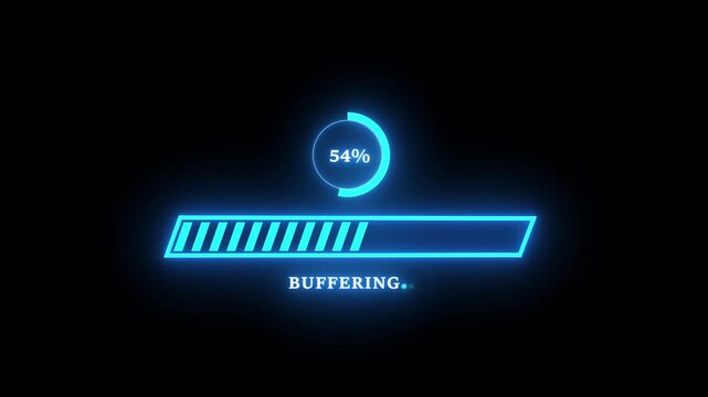 Neon blue digital loading bar and circular progress indicator animation with percentage counter displaying data buffering process on a clean black background, for modern user, interface technology