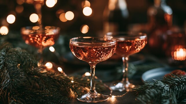Sparkling rose wine in coupe glasses on a holiday table with evergreen branches and warm lights at a festive gathering Generative AI