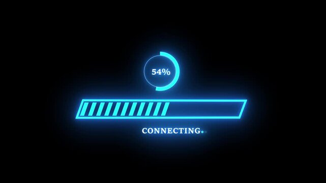 Neon blue digital loading bar and circular percentage progress indicator animation with connecting text overlay for modern technology interfaces, software ui and high-speed network connectivity