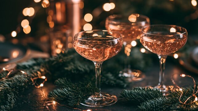Stylish coupe glasses with rose wine on a holiday table with evergreen branches and warm lights Generative AI