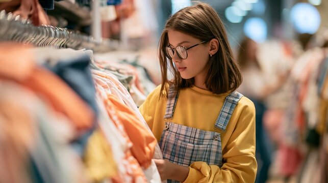 Teen girl shops for summer clothes in clothing store Generative AI