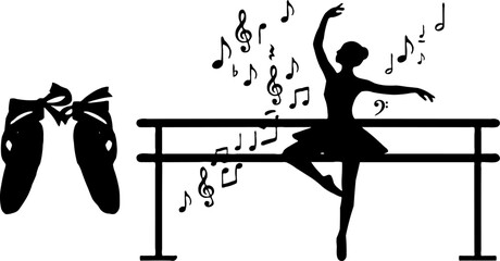 Ballet dancer silhouette at barre with musical notes and ballet slippers, flat design illustration © Fika