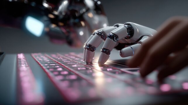 The future of coding: A robotic hand and a human hand collaborate on a glowing keyboard, symbolizing the synergy between artificial intelligence and human creativity in technology.
