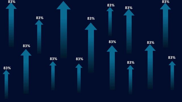 Abstract digital motion graphic showing rising upward arrows with increasing percentage values indicating growth and progress in financial markets or success metrics on dark backdrop.