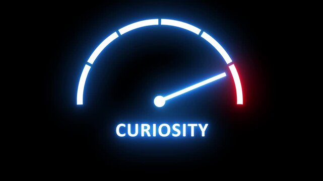 Dynamic neon curiosity gauge meter animation featuring a glowing blue indicator needle rising to maximum levels on a sleek dark background, for modern digital, marketing and psychological data