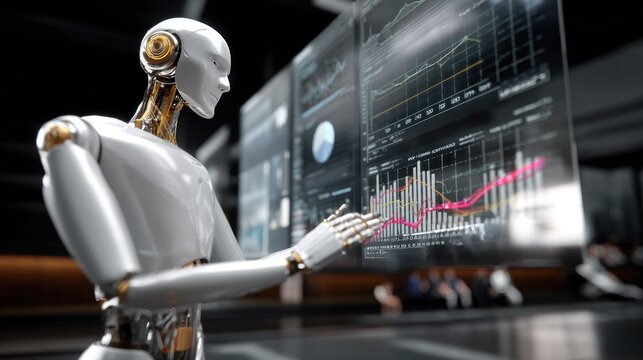 AI Robot Analyzing Data: A sleek, futuristic robot analyzes complex financial data displayed on a holographic interface.