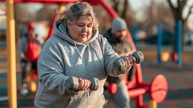 Outdoor workout on playground shows effort with dumbbells for healthy lifestyle Generative AI