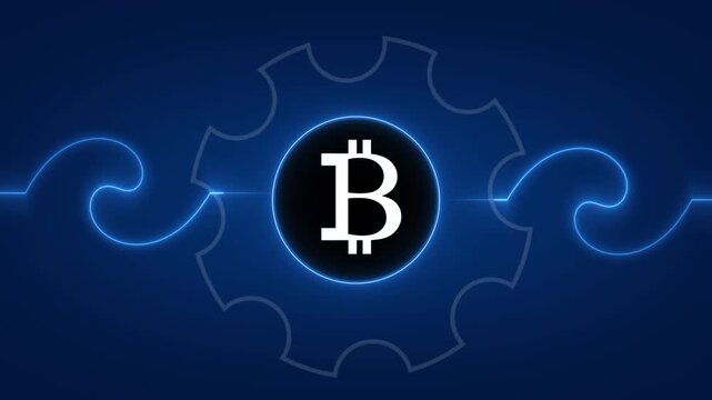 Bitcoin cryptocurrency logo inside spinning gear on dark blue digital background with glowing neon light waves motion graphic footage for financial technology and blockchain.