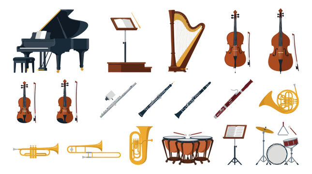 Flat Vector Set of Orchestra Instruments, Music Icons, Objects, White Background