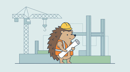 Naklejka premium Hedgehog construction worker holding blueprints at building site.