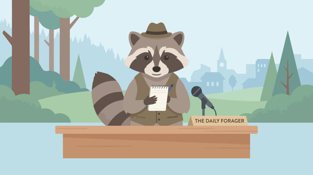Cartoon Raccoon Reporter Holding Paper and Microphone.