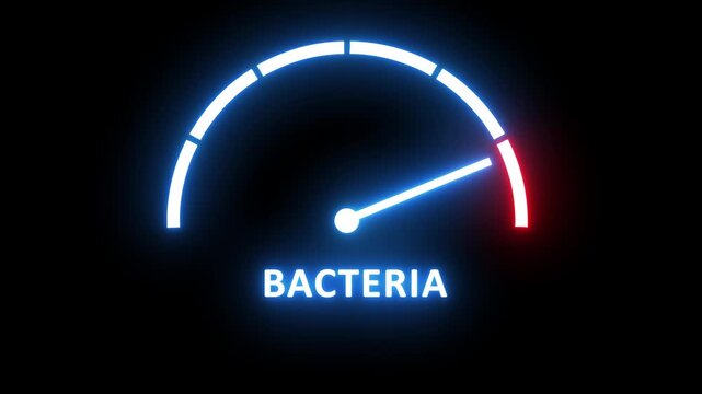 Neon glowing bacteria level gauge indicator rising on a dark background, representing microbial growth, biological contamination risk, scientific research analysis, and clinical laboratory testing