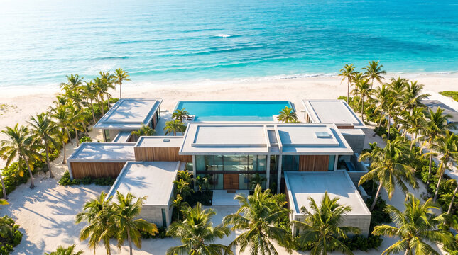 Modern beachfront villa with infinity pool and palm trees by the ocean.