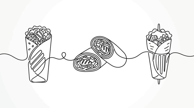 Continuous line art depicting burritos and shawarma rolls connected by a single stroke on a clean surface.