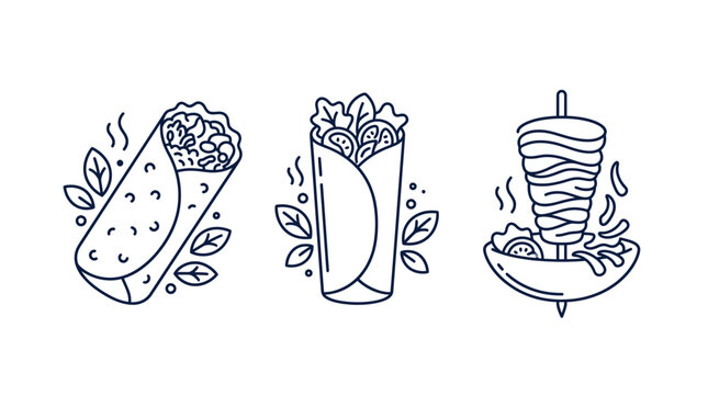 Monochrome shawarma and burrito sketches drawn in a simple outline style suitable for culinary designs.