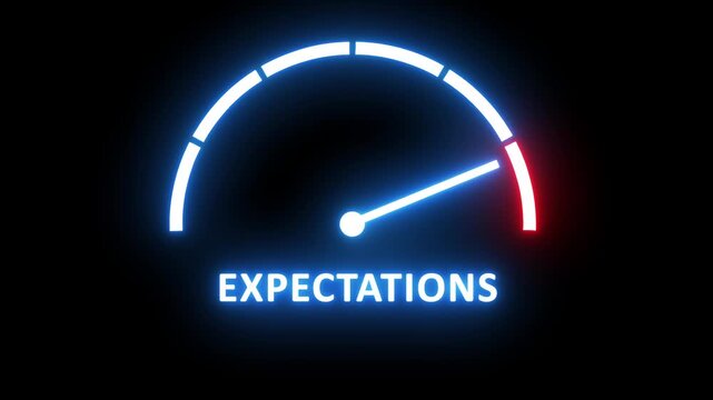 Neon glowing expectations gauge meter animation showing rising levels of anticipation and performance metrics for business analytics, corporate strategy, and psychological goal setting concepts