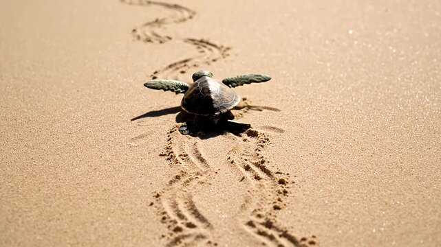 Baby sea turtle leaving tracks in the sand