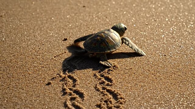 Baby sea turtle hatchling crawling across sandy beach.