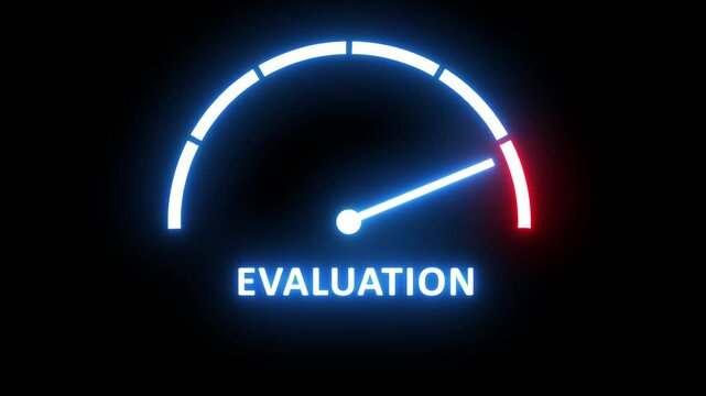 Dynamic neon evaluation gauge meter animation with glowing blue and red indicator needle moving across a digital scale for business performance analysis, assessment, and data metric visualization