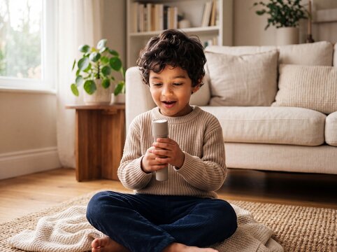 Young South Asian Boy Exploring with Flashlight in Cozy Indoor Setting