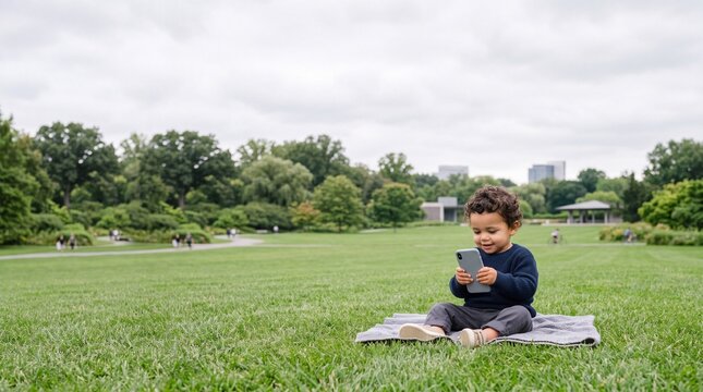 Toddler Hispanic Boy Using Smartphone in Modern Park Setting