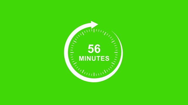 Dynamic 56-minute countdown timer motion with white circular progress indicator on a chroma key green screen background, for editing, broadcast, production, and time-sensitive projects