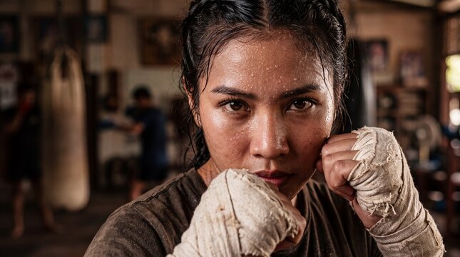 Intense Portrait of a Young Southeast Asian Female Martial Artist
