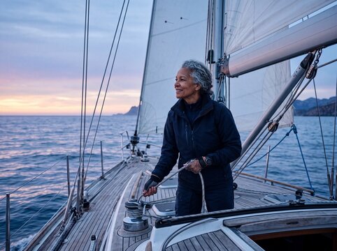 Serene Senior Female Sailor Navigating at Blue Hour
