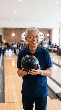 Active Senior Southeast Asian Man Bowling in Modern Alley
