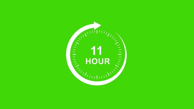 11 hour countdown timer animation with circular progress bar on green screen background, for editing, motion, time management projects, and digital marketing presentations