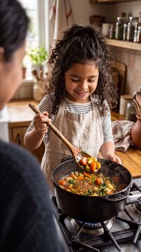 Authentic POV Hispanic Child Cooking Hearty Stew in Warm Kitchen