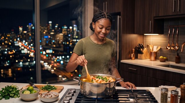 Stylish African-American Teenager Cooking Tom Yum in Urban Night Setting