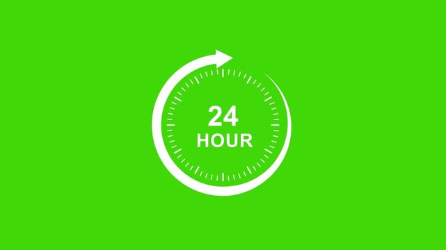 24 hour clock timer animation on green screen background, for seamless chroma, key compositing, business, efficiency, continuous service, global operations, and, time management projects
