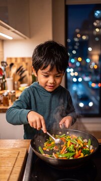 Authentic Southeast Asian Child Cooking Stir-Fry in Nighttime Kitchen