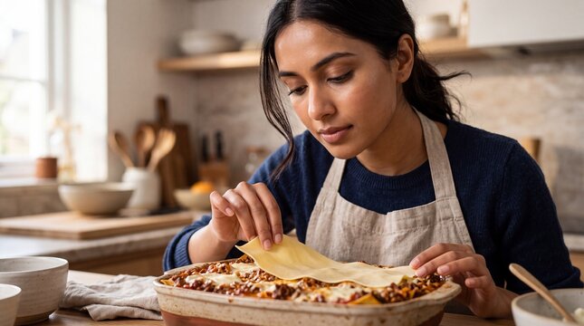 Young South Asian Woman Preparing Fresh Lasagna in Sunlit Modern Kitchen