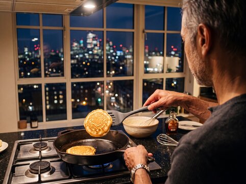 First-Person POV of Mature Man Preparing Pancakes in Nighttime Urban Kitchen