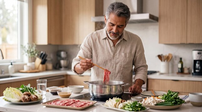 Mature Hispanic Man Enjoying Authentic Shabu-Shabu Preparation in Sunlit Modern Kitchen