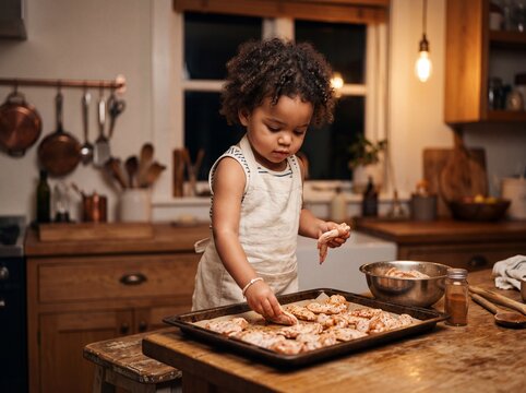 Mixed-Ethnicity Toddler Girl Assisting with Seasoned Chicken Wings in Cozy Warm Kitchen