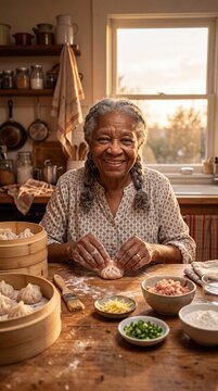 Senior African-American Grandmother Preparing Handmade Dim Sum POV