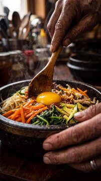 Macro Detail of South Asian Chef Preparing Sizzling Bibimbap