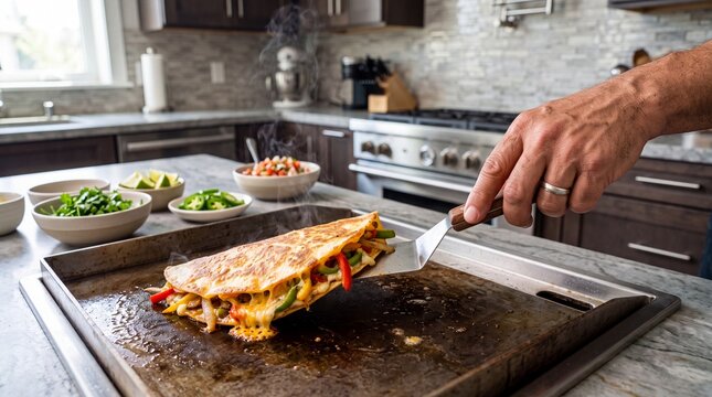 POV Perspective of Mature Hispanic Man Preparing Golden Quesadilla in Sunlit Kitchen