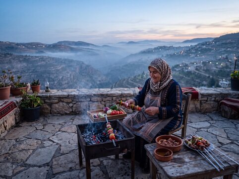 Senior Middle Eastern Woman Preparing Traditional Kebabs at Dawn