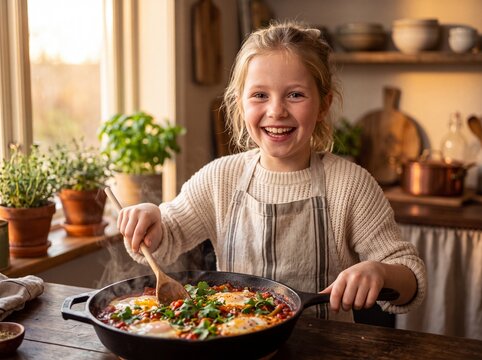 Cheerful Scandinavian Girl Preparing Fresh Shakshuka at Golden Hour